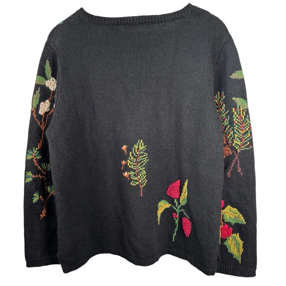 SOLD Marisa Christina VTG Linen Blend Embroidered Floral Sweater XL Black Multi - Picture 2 of 5